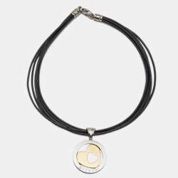  Bvlgari Tondo Heart 18k Yellow Gold  Stainless Steel Leather Cord Pendant Necklace