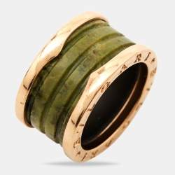 Pre Owned Bvlgari B.Zero1 Green Marble 18k Rose Gold Band Ring Size 52