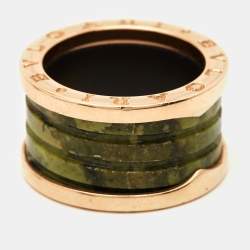 Pre Owned Bvlgari B.Zero1 Green Marble 18k Rose Gold Band Ring Size 52