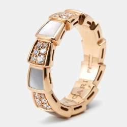 Bvlgari Serpenti Viper Mother of Pearl Diamonds 18k Rose Gold Ring Size 52