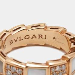 Bvlgari Serpenti Viper Mother of Pearl Diamonds 18k Rose Gold Ring Size 52
