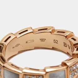 Bvlgari Serpenti Viper Mother of Pearl Diamonds 18k Rose Gold Ring Size 52