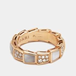 Bvlgari Serpenti Viper Mother of Pearl Diamonds 18k Rose Gold Ring Size 52