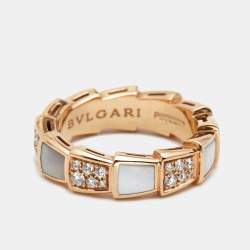 Bvlgari Serpenti Viper Mother of Pearl Diamonds 18k Rose Gold Ring Size 52