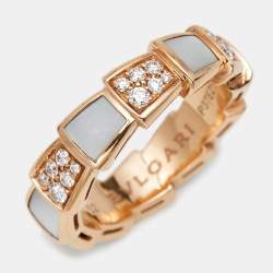 Bvlgari Serpenti Viper Mother of Pearl Diamonds 18k Rose Gold Ring Size 52
