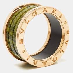 Pre Owned Bvlgari B.Zero1 Green Marble 18K Rose Gold 4-Band Ring Size 56