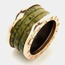 Pre Owned Bvlgari B.Zero1 Green Marble 18K Rose Gold 4-Band Ring Size 56