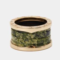 Pre Owned Bvlgari B.Zero1 Green Marble 18K Rose Gold Band Ring Size 50