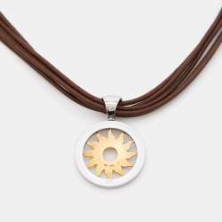 Pre Owned Bvlgari Tondo Sun Stainless Steel 18k Yellow Gold Leather Cord Necklace