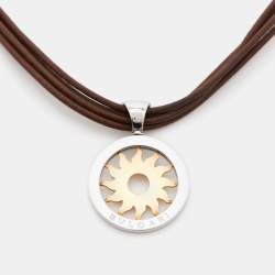 Pre Owned Bvlgari Tondo Sun Stainless Steel 18k Yellow Gold Leather Cord Necklace