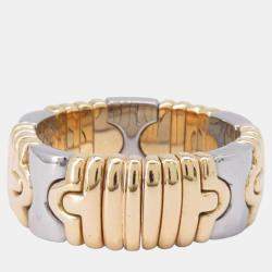 Pre Owned Bvlgari 18K Yellow Gold and Stainless Steel Parentesi Band Ring EU 56