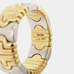 Pre Owned Bvlgari 18K Yellow Gold and Stainless Steel Parentesi Band Ring EU 56