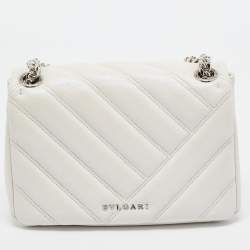 Pre Owned Bvlgari Pearl White Quilted Iridescent Leather Small Serpenti Cabochon Shoulder Bag
