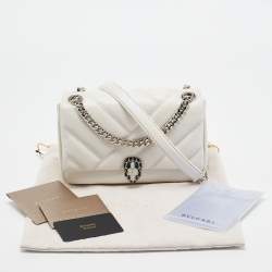 Pre Owned Bvlgari Pearl White Quilted Iridescent Leather Small Serpenti Cabochon Shoulder Bag