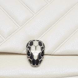 Pre Owned Bvlgari Pearl White Quilted Iridescent Leather Small Serpenti Cabochon Shoulder Bag