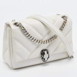 Pre Owned Bvlgari Pearl White Quilted Iridescent Leather Small Serpenti Cabochon Shoulder Bag