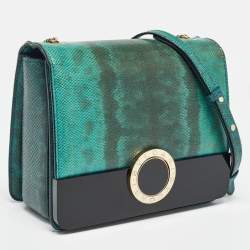 مملوكة مسبقًا حقيبة كتف بلغاري غطاء قلاب صغير بلاستيك جلد ثعبان أسود/ أزرق مخضر