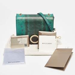 مملوكة مسبقًا حقيبة كتف بلغاري غطاء قلاب صغير بلاستيك جلد ثعبان أسود/ أزرق مخضر