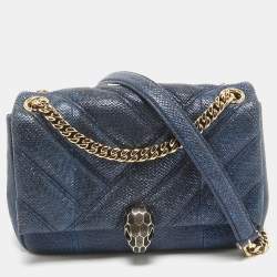 Bvlgari Navy Blue Shimmering Karung Leather Small Serpenti Cabochon Shoulder Bag