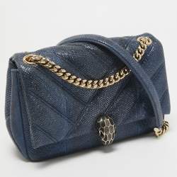 Bvlgari Navy Blue Shimmering Karung Leather Small Serpenti Cabochon Shoulder Bag