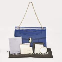 Pre Owned Bvlgari Dark Blue Leather Medium Serpenti Forever Flap Shoulder Bag
