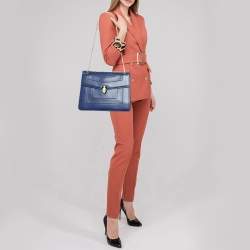 Pre Owned Bvlgari Dark Blue Leather Medium Serpenti Forever Flap Shoulder Bag