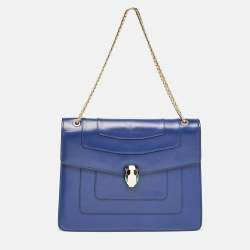 Pre Owned Bvlgari Dark Blue Leather Medium Serpenti Forever Flap Shoulder Bag