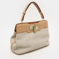 Bvlgari Beige/Brown Woven Leather and Python Isabella Rossellini Top Handle Bag
