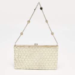 Bvlgari Gold/Grey Karung and Leather Frame Chain Clutch