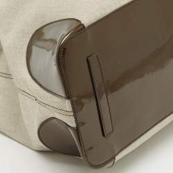 Pre Owned Bvlgari Dark Brown/Grey Patent Leather and Canvas Middle Zip Tote