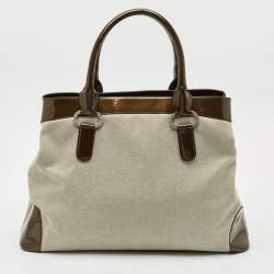 Pre Owned Bvlgari Dark Brown/Grey Patent Leather and Canvas Middle Zip Tote