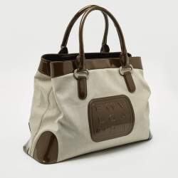 Pre Owned Bvlgari Dark Brown/Grey Patent Leather and Canvas Middle Zip Tote