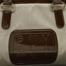 Pre Owned Bvlgari Dark Brown/Grey Patent Leather and Canvas Middle Zip Tote