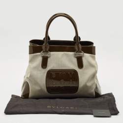 Pre Owned Bvlgari Dark Brown/Grey Patent Leather and Canvas Middle Zip Tote
