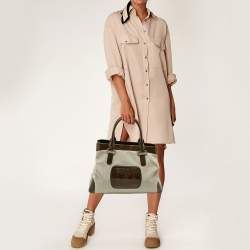 Pre Owned Bvlgari Dark Brown/Grey Patent Leather and Canvas Middle Zip Tote