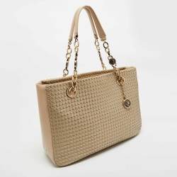 Pre Owned Bvlgari Beige/Silver Woven Leather Monte Plisse Shopper Tote