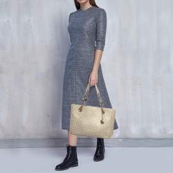 Pre Owned Bvlgari Beige/Silver Woven Leather Monte Plisse Shopper Tote