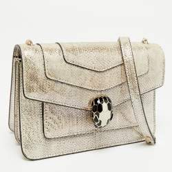 Pre Owned Bvlgari Silver Shimmering Karung Leather Small Serpenti Forever Shoulder Bag