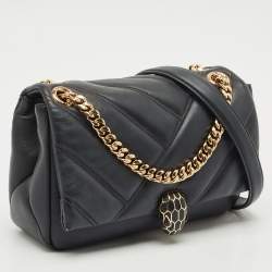 مملوكة مسبقًا حقيبة كتف بلغاري سربنتي كابوشون صغيرة جلد مبطن أسود