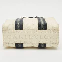 Pre Owned Bvlgari Blue/Off White Logomania Canvas and Stingray Bangle Tote