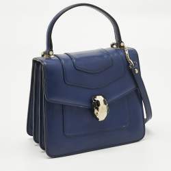 Pre Owned Bvlgari Navy Blue Leather Serpenti Forever Top Handle Bag
