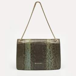 Pre Owned Bvlgari Green/Black Karung Leather Medium Serpenti Forever Shoulder Bag