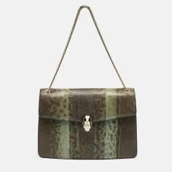 Pre Owned Bvlgari Green/Black Karung Leather Medium Serpenti Forever Shoulder Bag