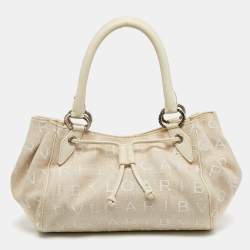Pre Owned Bvlgari Beige/White Canvas and Leather Logomania Tote