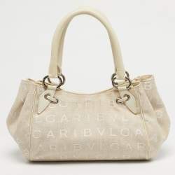 Pre Owned Bvlgari Beige/White Canvas and Leather Logomania Tote