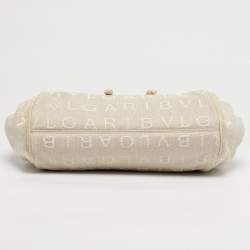 Pre Owned Bvlgari Beige/White Canvas and Leather Logomania Tote