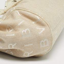 Pre Owned Bvlgari Beige/White Canvas and Leather Logomania Tote