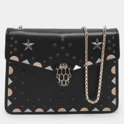 Pre Owned Bvlgari Serpenti Forever Black Embroidered Fabric and Leather Shoulder Bag