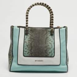 Pre Owned Bvlgari Scaglie Serpenti Light Green/White Karung and Leather Tote