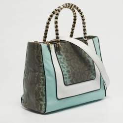 Pre Owned Bvlgari Scaglie Serpenti Light Green/White Karung and Leather Tote